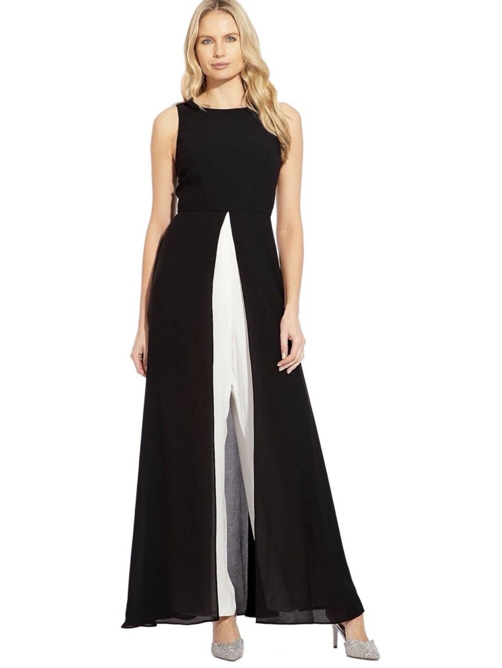 ADRIANNA PAPELL Crepe Overlay Formal One Piece Jumpsuit Size 6 Black/Ivory $179 - Picture 1 of 10